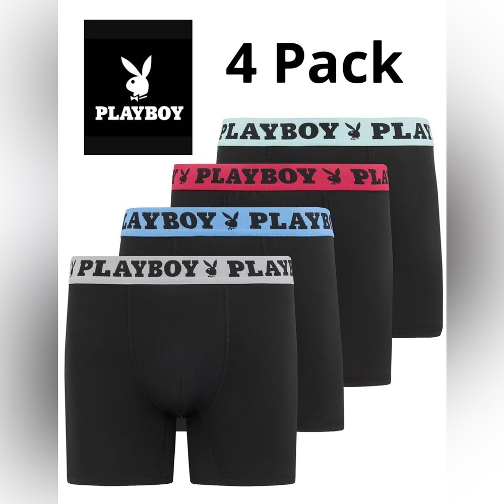 PLAYBOY Men's Boxer Briefs 4-Pack - Black with Colorful Waistbands. Size Large